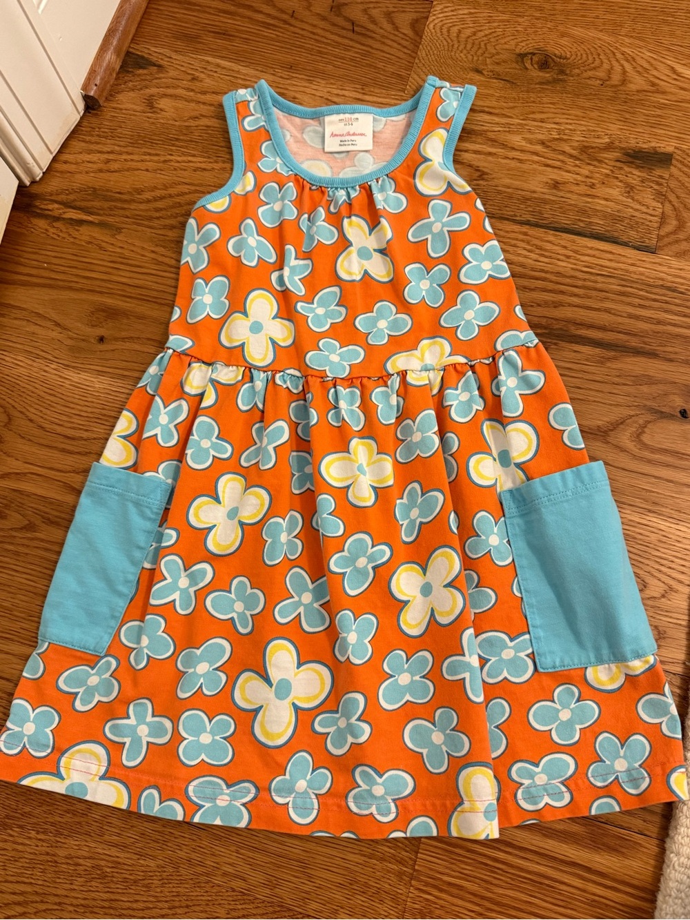 Hanna Andersson Summer Orange Blue Flower Pocket Dress - SIZE 110 cm / 5-6 Girls